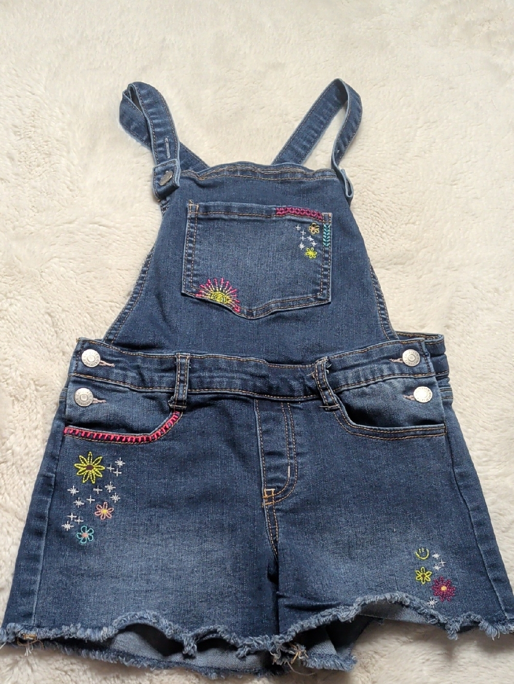 Cat & Jack Denim Blue Embroidered Girls Short Overalls